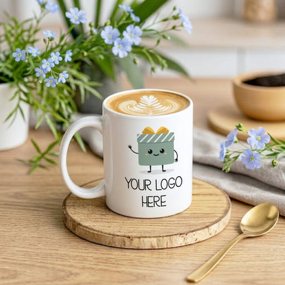 A white ceramic coffee mug with a cute cartoon gift box character and the text 'YOUR LOGO HERE', filled with latte art, sitting on a wooden coaster on a wooden table with flowers and a spoon in the background.