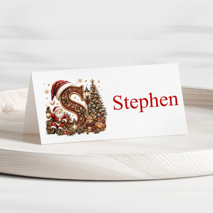 Personalised Christmas alphabet place card with illustrated S initial and name Stephen