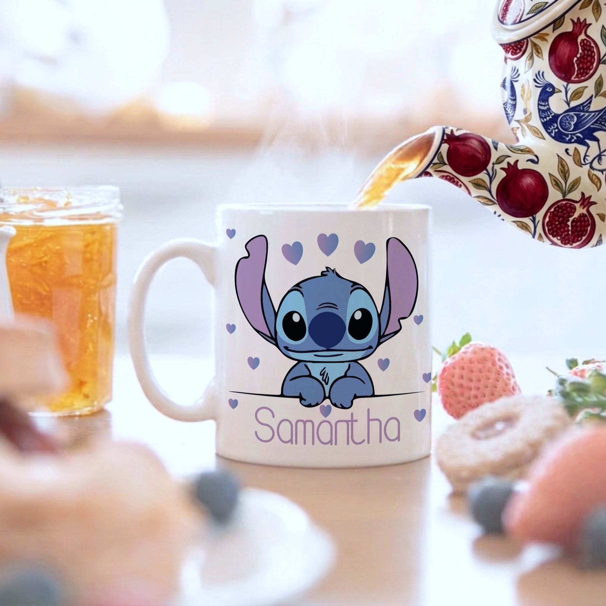Mug with cartoon character and 'Samantha' text, surrounded by a breakfast setting.