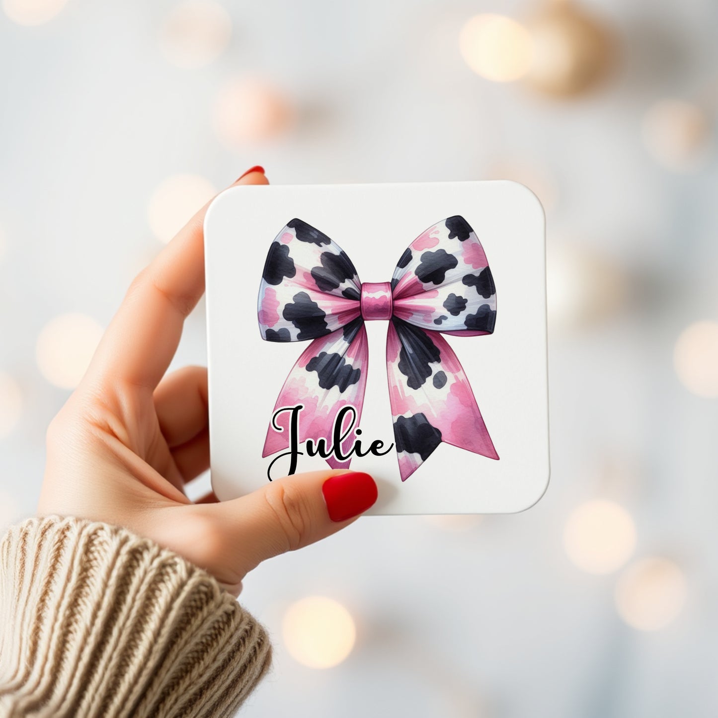 PERSONALISED COW PRINT BOW MUG AND COASTER SET MG061