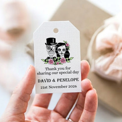PERSONALISED SUGAR SKULL WHITE WEDDING FAVOUR TAGS (PK 15)