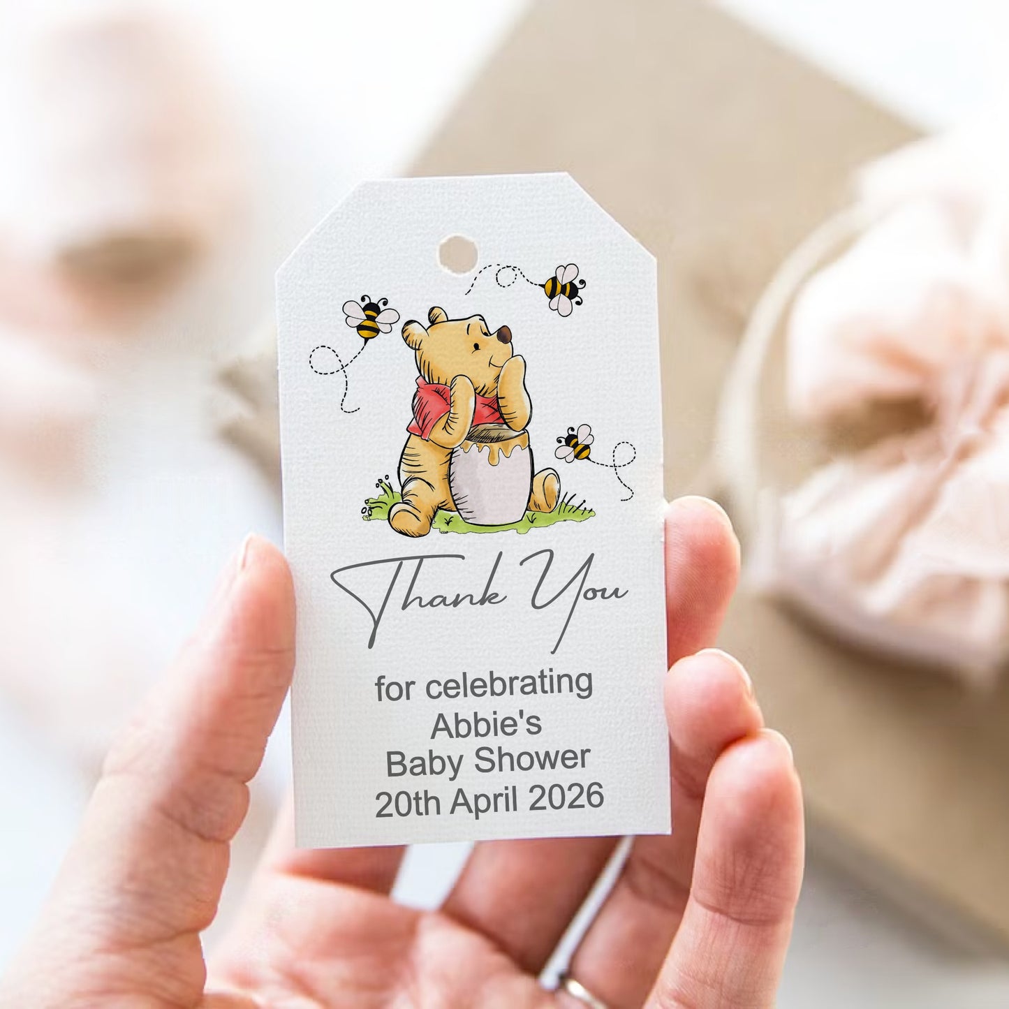 PERSONALISED WINNIE THE POOH WHITE BABY SHOWER TAGS (PK10)