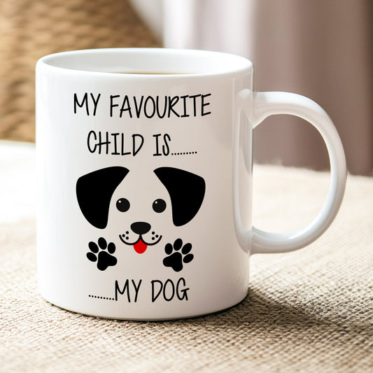 White mug with a dog illustration and text on a textured surface