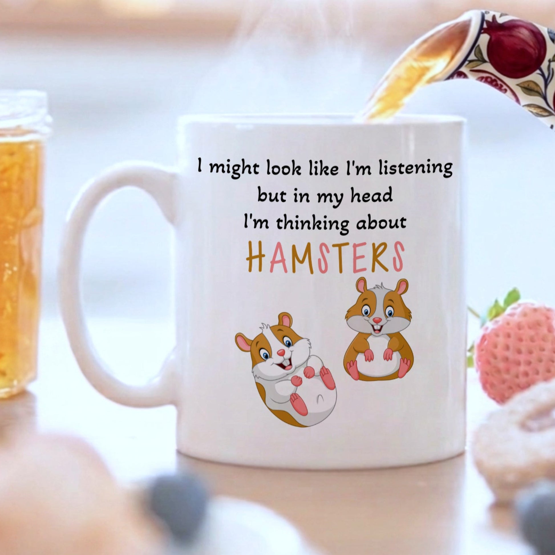 Mug with humorous text and graphics on a table with a blurred background