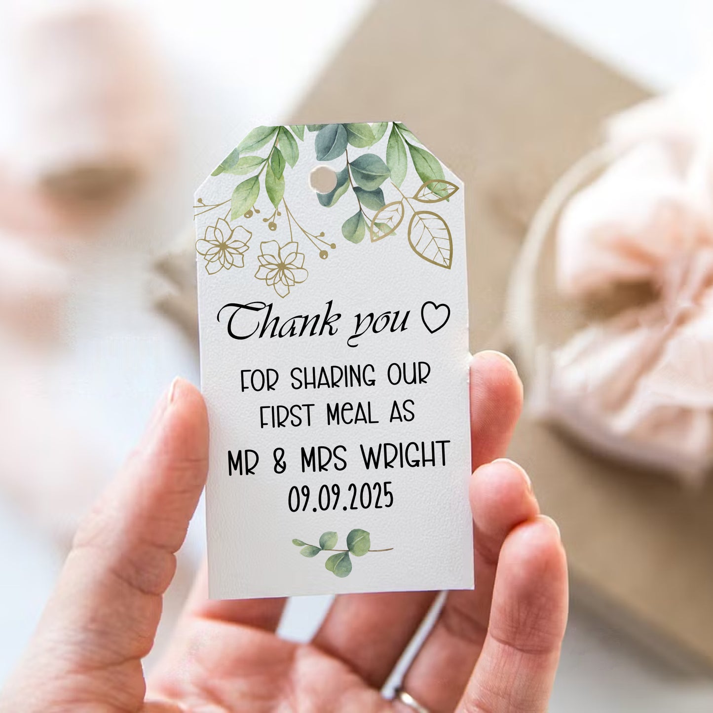 PERSONALISED FOLIAGE WHITE WEDDING TAGS (PK8 or PK15)