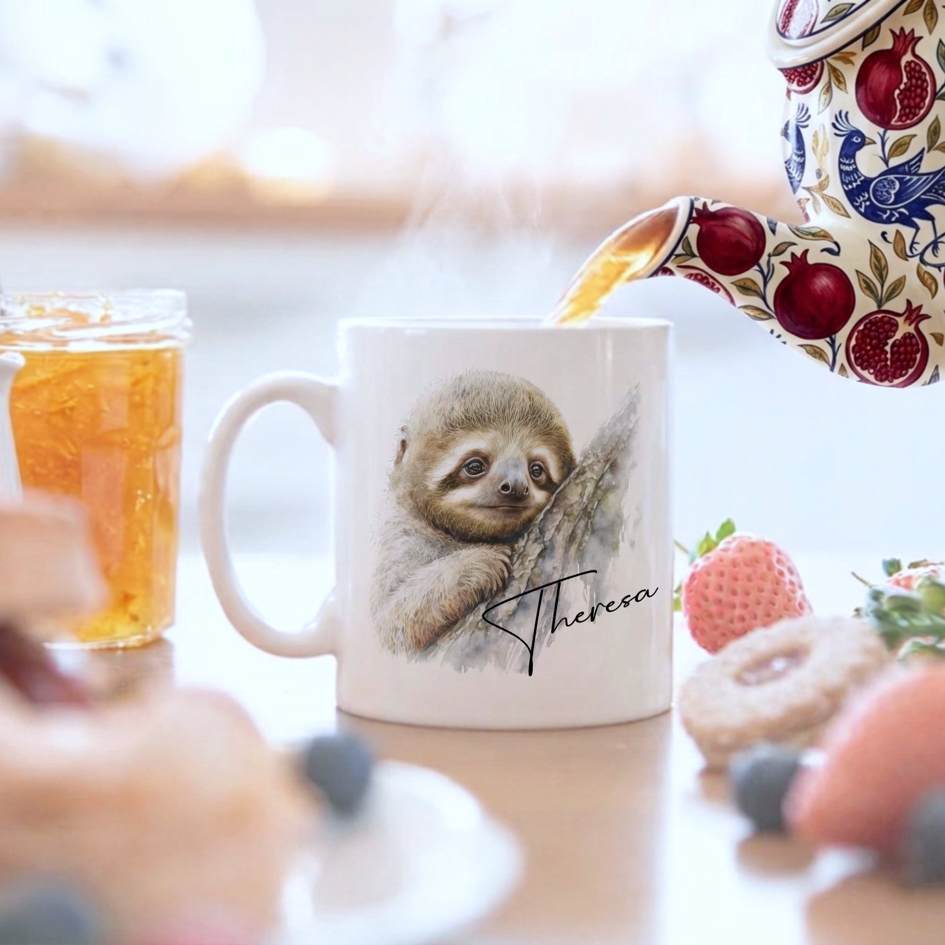 Personalised watercolour sloth mug with the name 'Theresa' in elegant script, tea being poured from a floral teapot, surrounded by fresh fruit and berries