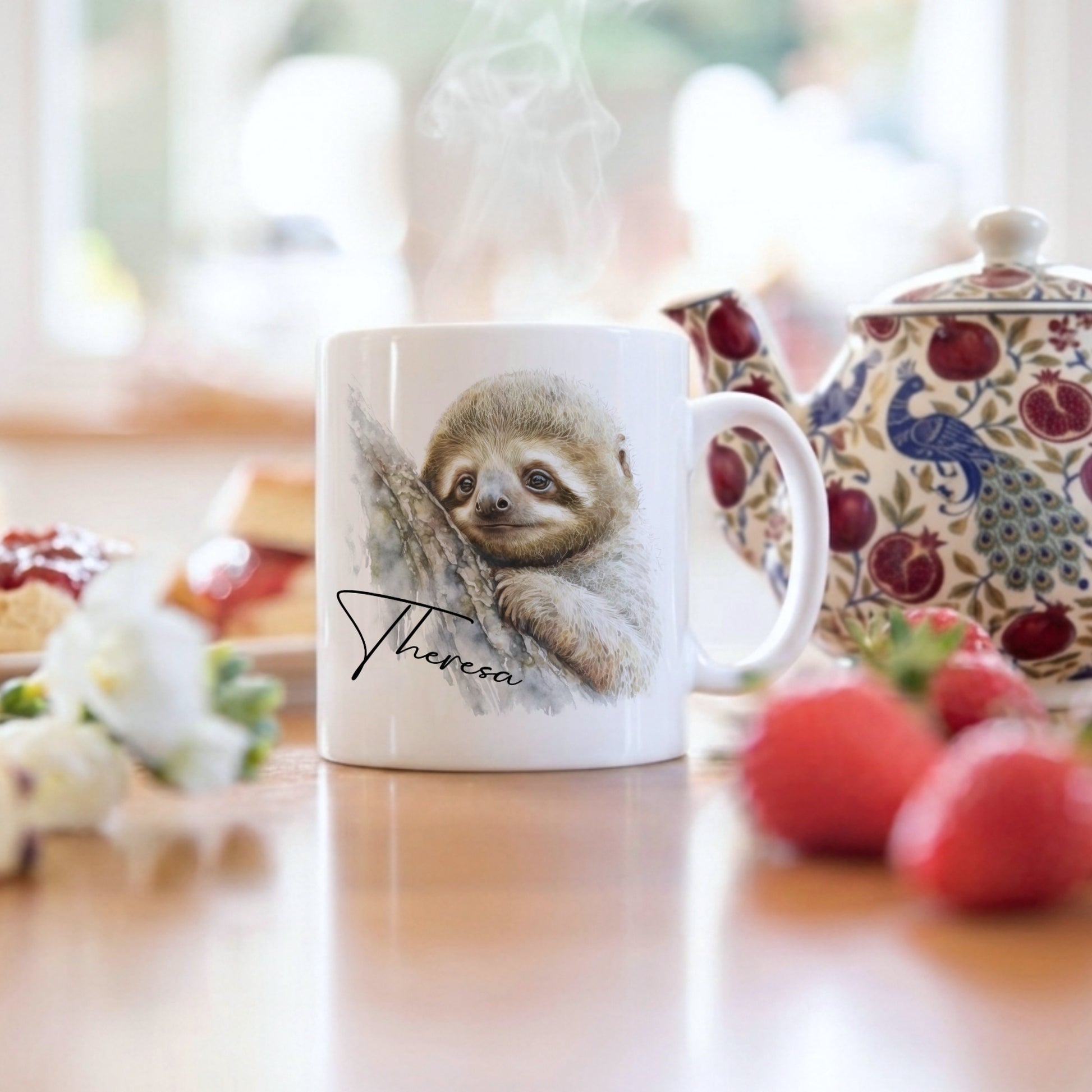Mug with a sloth design and 'Theresa' text on a table with a teapot and fruit.