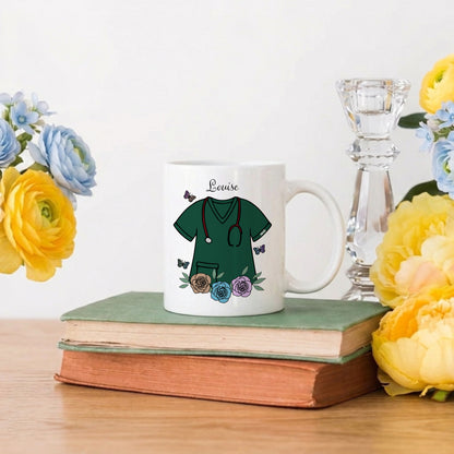 Mug with medical-themed design on a stack of books with flowers and a candle in the background