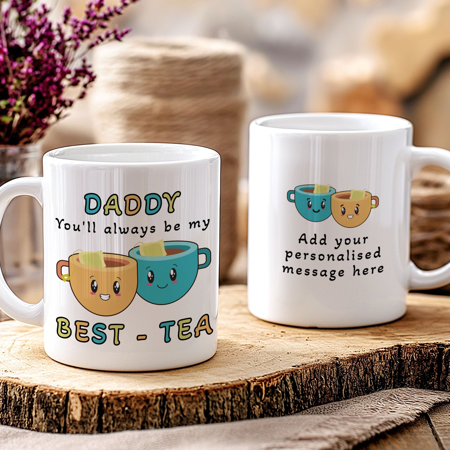 Two mugs with tea-themed designs on a wooden surface.