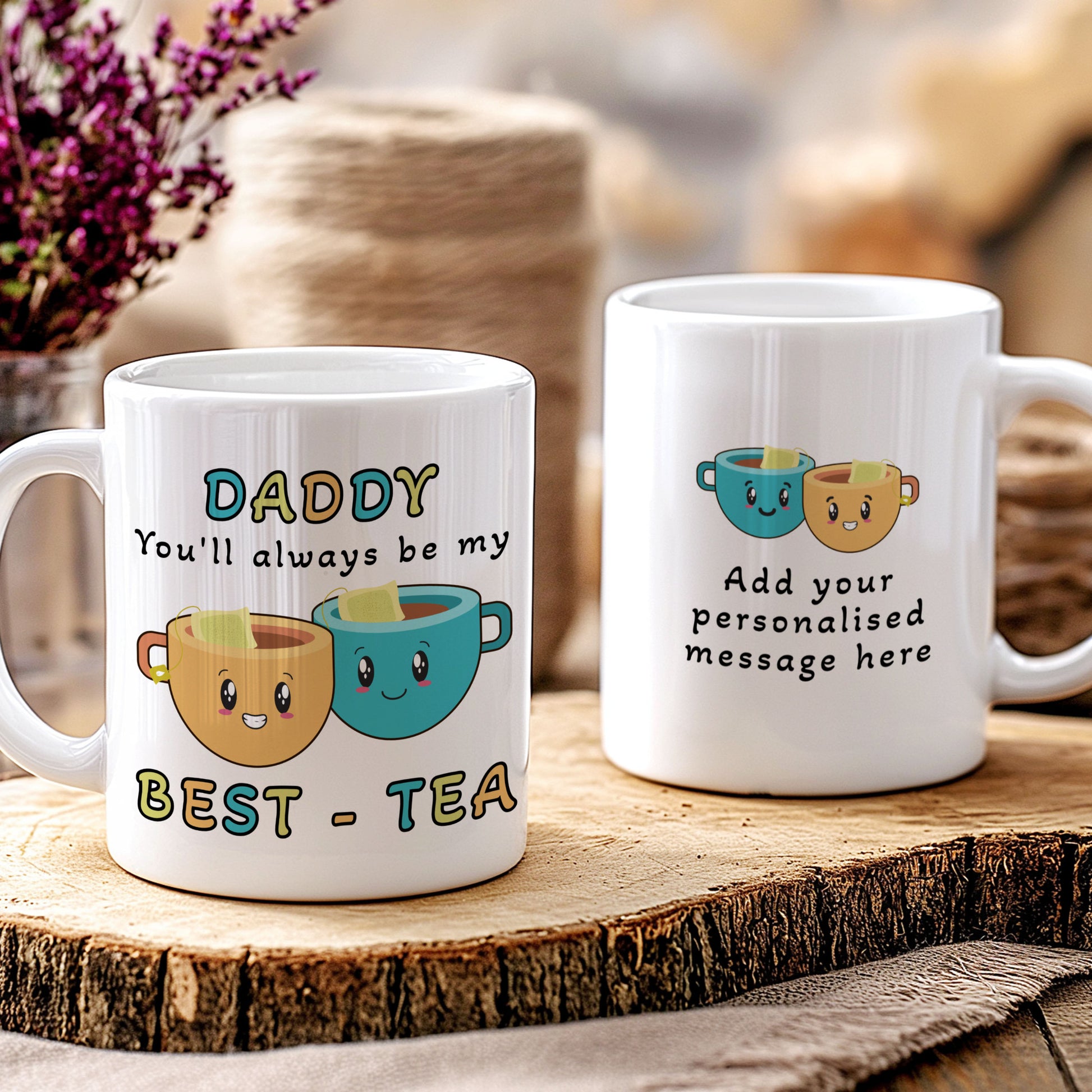 Two mugs with tea-themed designs on a wooden surface.