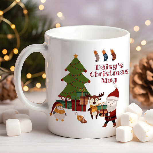 White mug with Christmas-themed design featuring Santa, trees, and animals on a festive background.