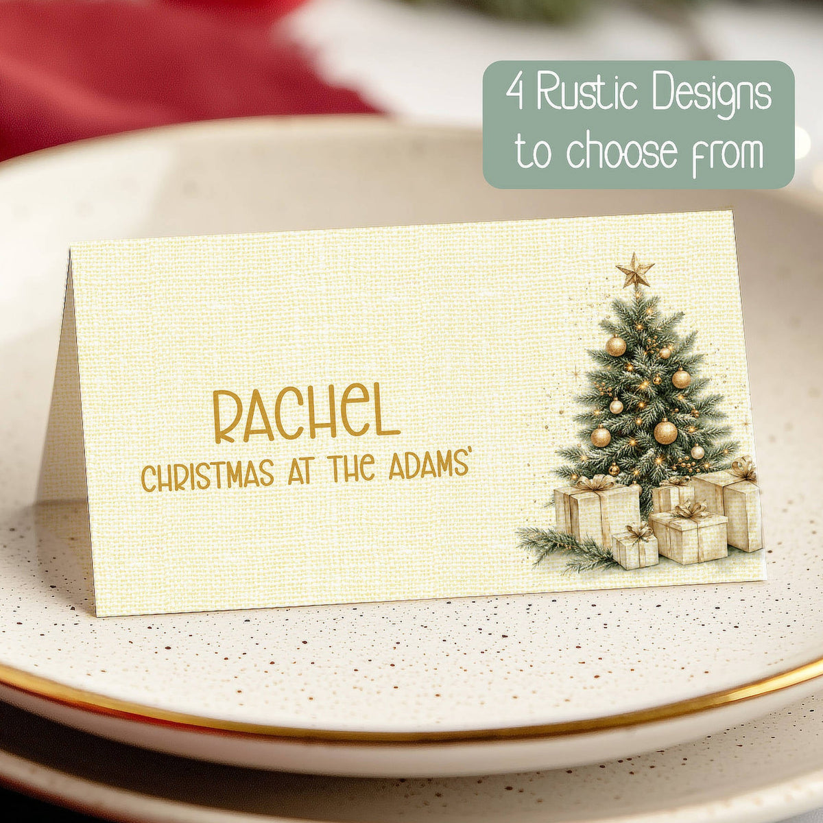 A personalised Christmas place card with a textured cream background, featuring the name 'RACHEL' and the phrase 'CHRISTMAS AT THE ADAMS' alongside an illustration of a decorated Christmas tree and gift boxes. The card is displayed on a speckled white plate with gold trim, with a green text overlay in the top right reading '4 Rustic Designs to choose from'.