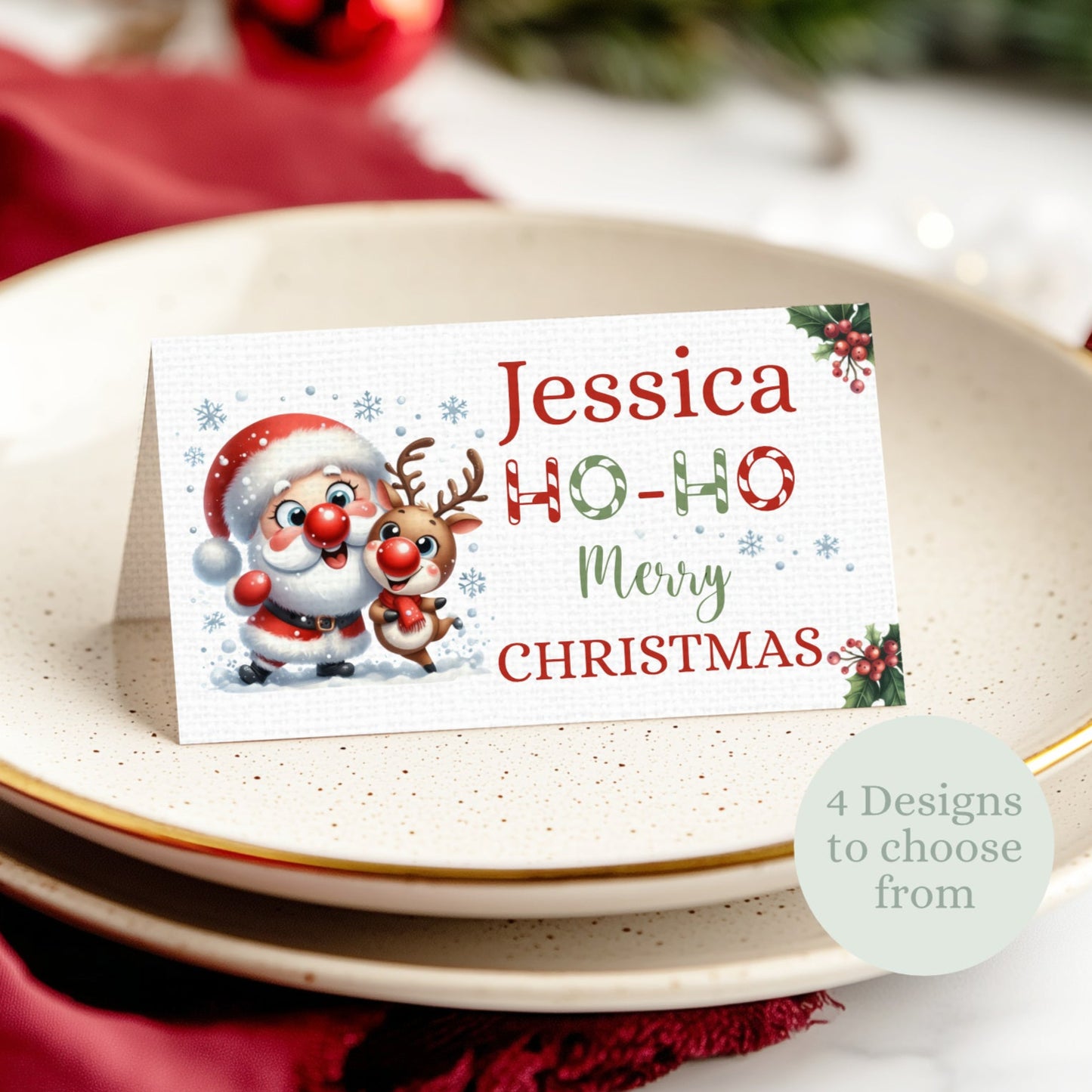Christmas-themed place card with Santa Claus on a plate, surrounded by festive decorations.
