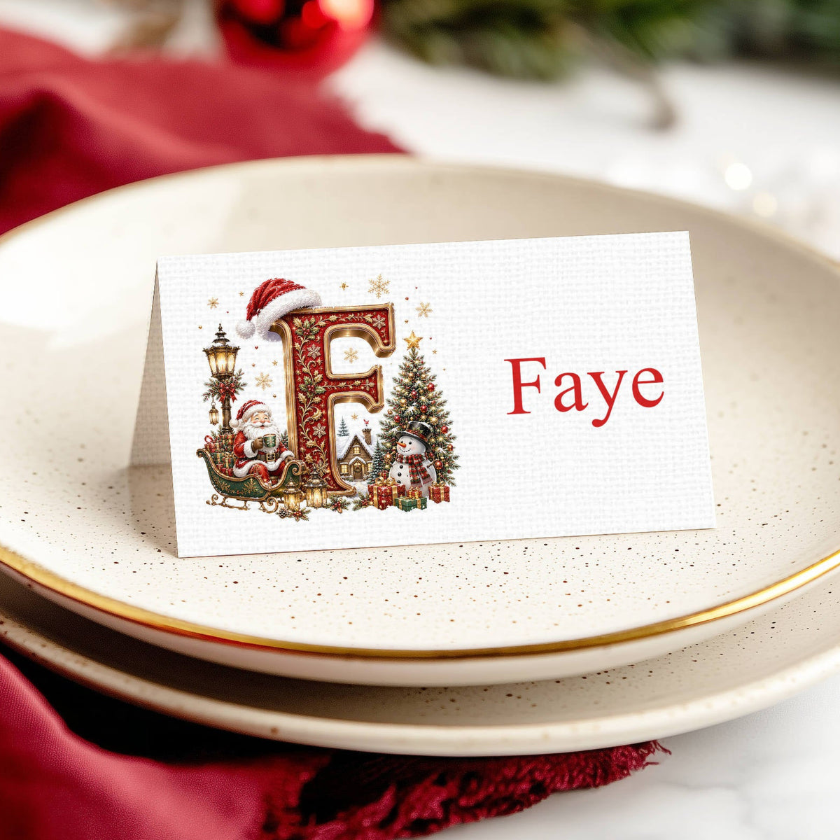 Personalised Christmas alphabet place card with illustrated F initial and name Faye