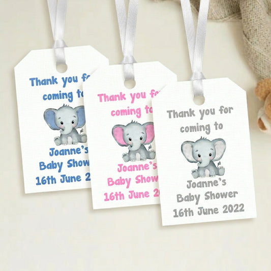 Three baby shower favour tags with elephant illustrations and personalised text.