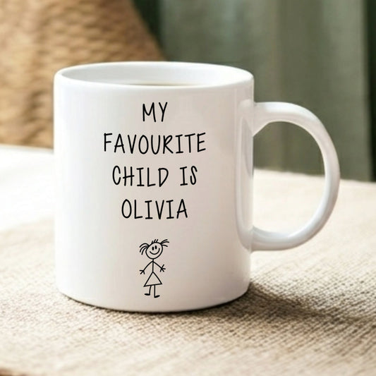 White mug with 'My favourite child is Olivia' text on a textured surface