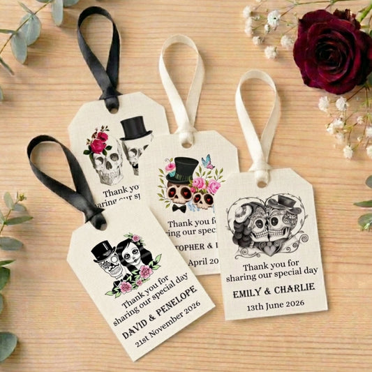 PERSONALISED SUGAR SKULL IVORY WEDDING FAVOUR TAGS (PK 15)