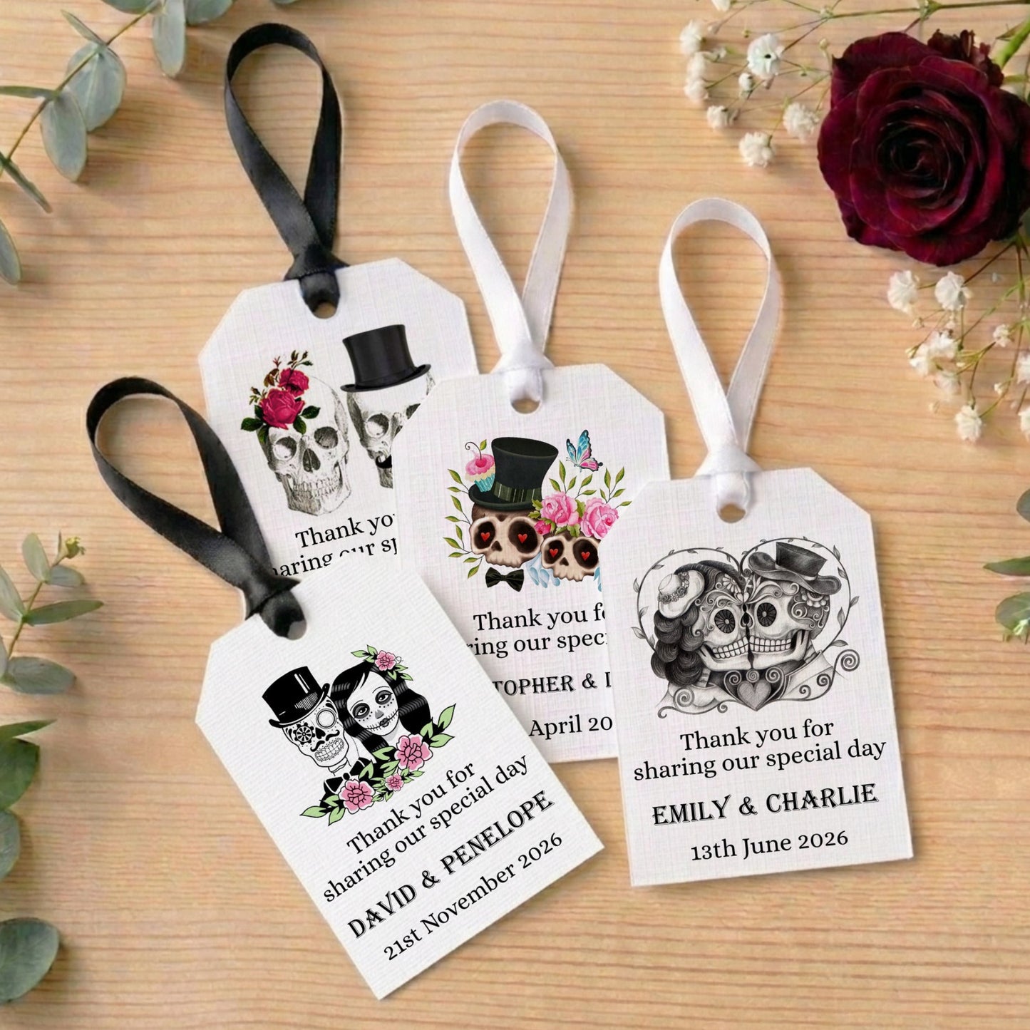 PERSONALISED SUGAR SKULL WHITE WEDDING FAVOUR TAGS (PK 15)