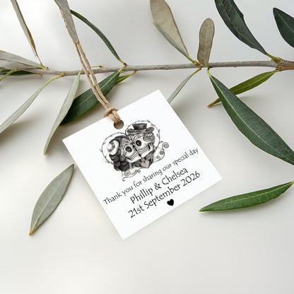 PERSONALISED GOTHIC HEART SKULL WHITE TAGS (PK15)