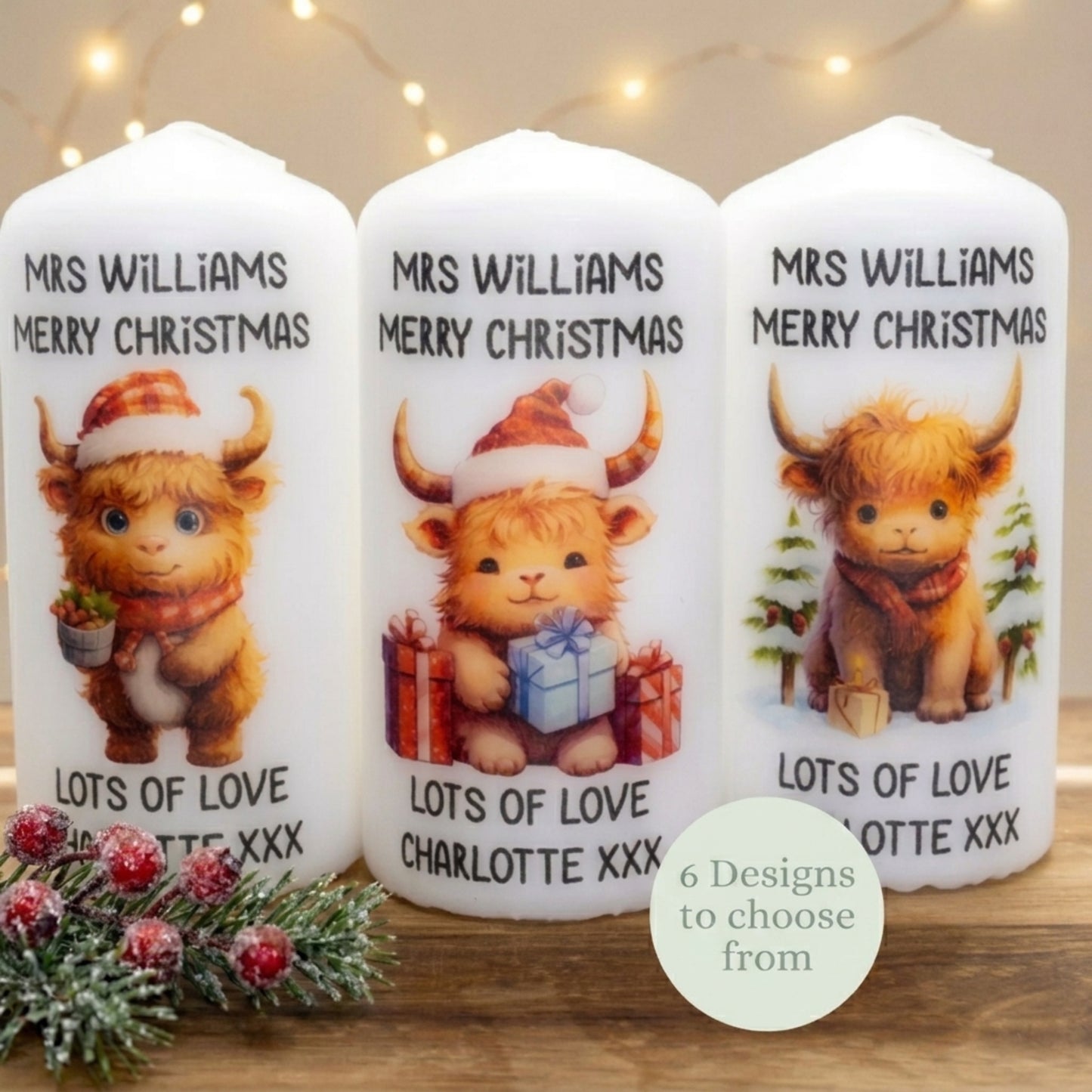 Three Christmas-themed candles with a cartoon Highland cow design, personalized with names and messages.