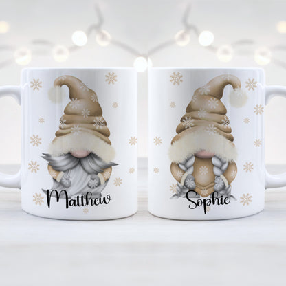 Two white mugs with gnome illustrations and names 'Matthew' and 'Sophie' on a light background.