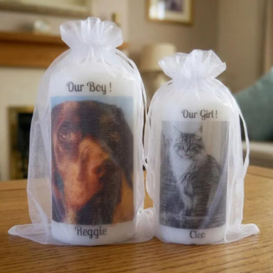 Two personalised white taper candles in sheer white organza drawstring bags, one printed with a dog portrait labelled 'Our Boy! Reggie' and the other with a cat portrait labelled 'Our Girl! Cleo', displayed on a wooden table in a living room setting.