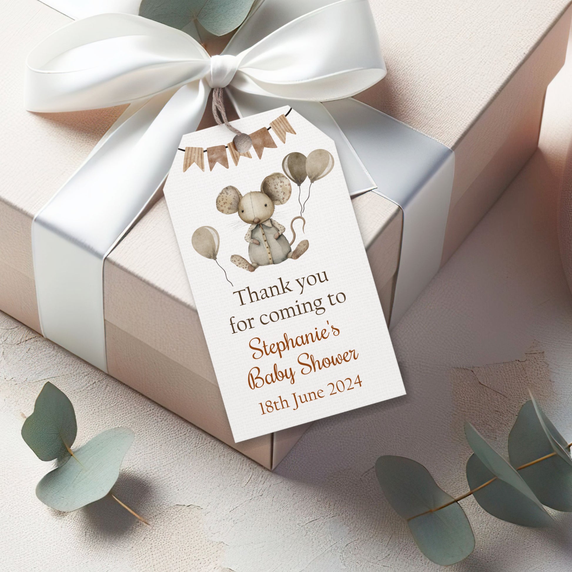 Gift box with a baby shower tag featuring cartoon mice and balloons on a light background.