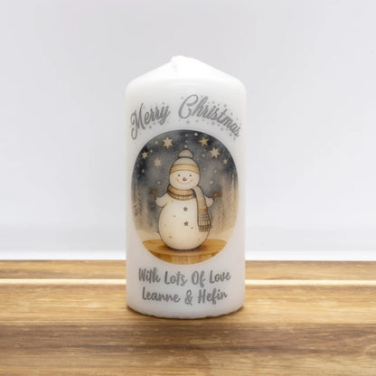 PERSONALISED SILVER SNOWMAN CHRISTMAS CANDLE