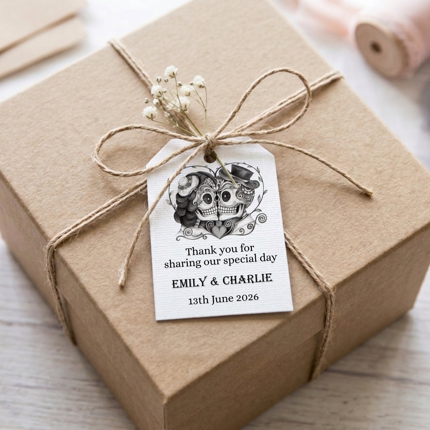 PERSONALISED SUGAR SKULL WHITE WEDDING FAVOUR TAGS (PK 15)