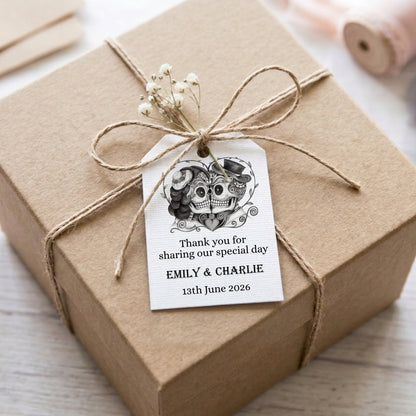 PERSONALISED SUGAR SKULL WHITE WEDDING FAVOUR TAGS (PK 15)