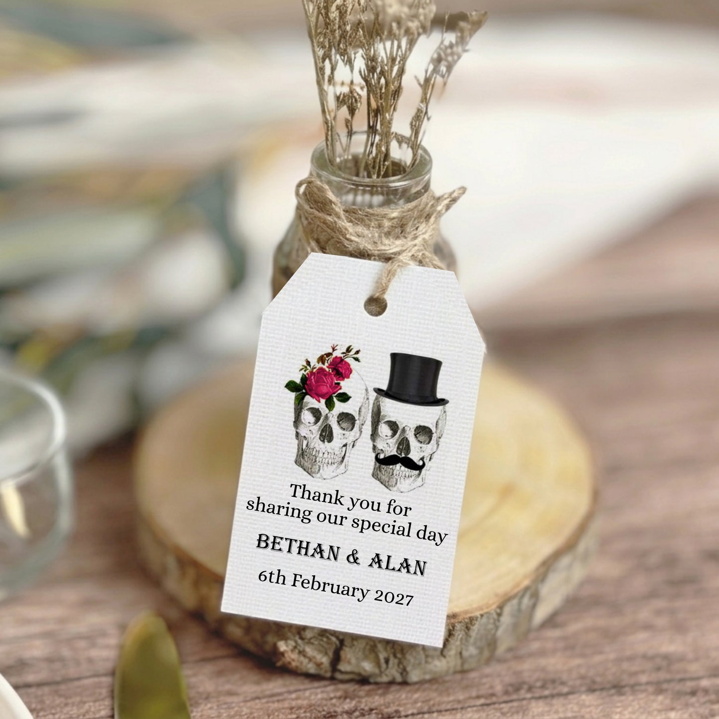 PERSONALISED SUGAR SKULL WHITE WEDDING FAVOUR TAGS (PK 15)