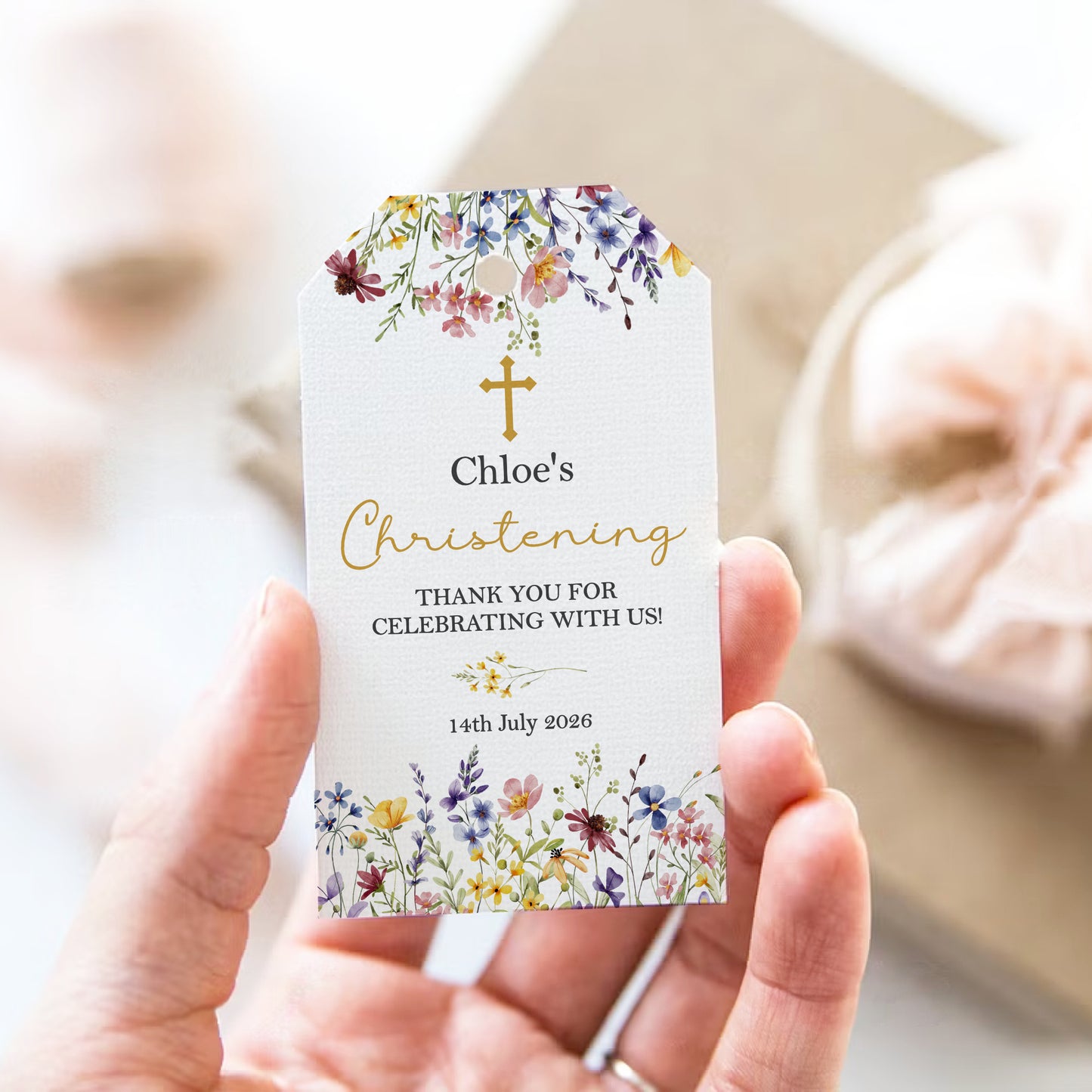 PERSONALISED WILD FLOWERS CHRISTENING TAGS (PK10)