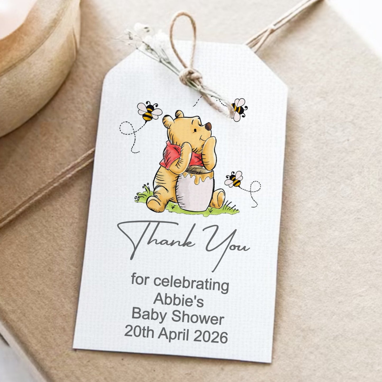 PERSONALISED WINNIE THE POOH WHITE BABY SHOWER TAGS (PK10)