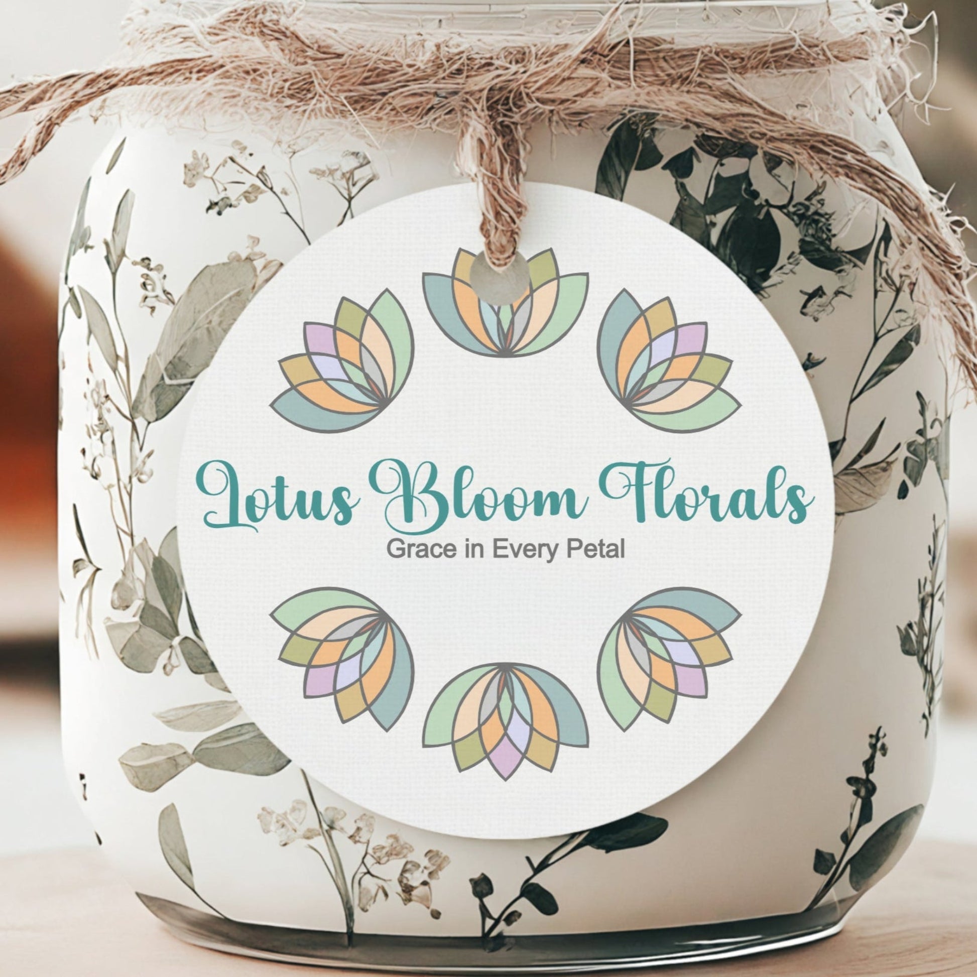 A round tag with a floral design and text, attached to a jar using a twine, showcasing a personalized branding design for 'Lotus Bloom Florals'.