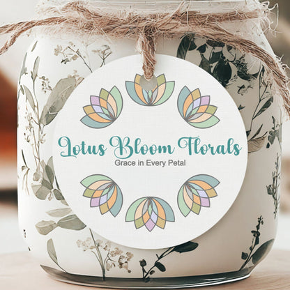 A round tag with a floral design and text, attached to a jar using a twine, showcasing a personalized branding design for 'Lotus Bloom Florals'.
