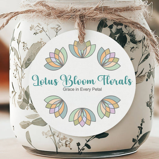 A round tag with a floral design and text, attached to a jar using a twine, showcasing a personalized branding design for 'Lotus Bloom Florals'.