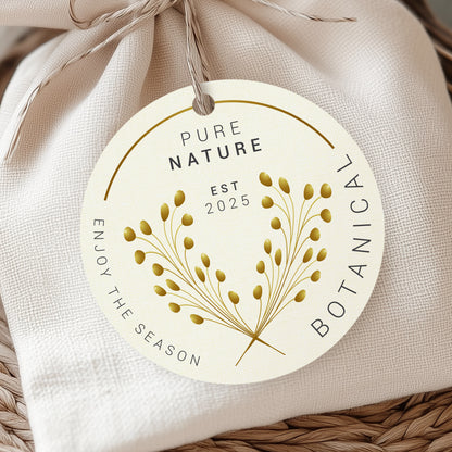 A round tag with a floral design and text, attached to a jar using a twine, showcasing a personalized branding design for 'Lotus Bloom Florals'.