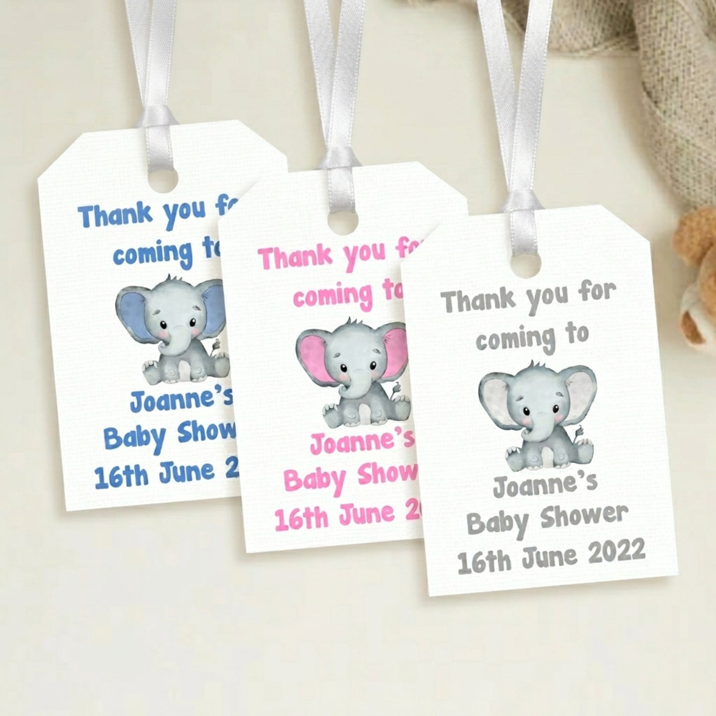 PERSONALISED ELEPHANT BABY SHOWER TAGS (PK15)