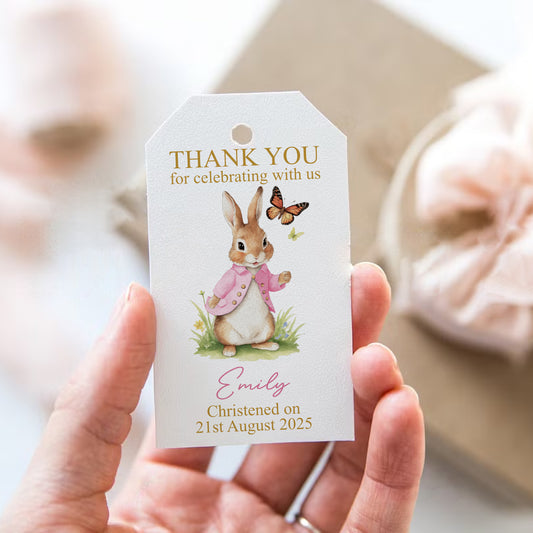 PERSONALISED PK10 FLOPSY BUNNY CHRISTENING TAGS T077