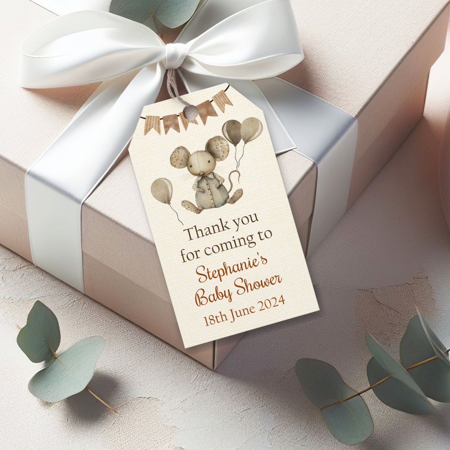 PERSONALISED PK10 MOUSE BABY SHOWER TAGS WITH TWINE T007