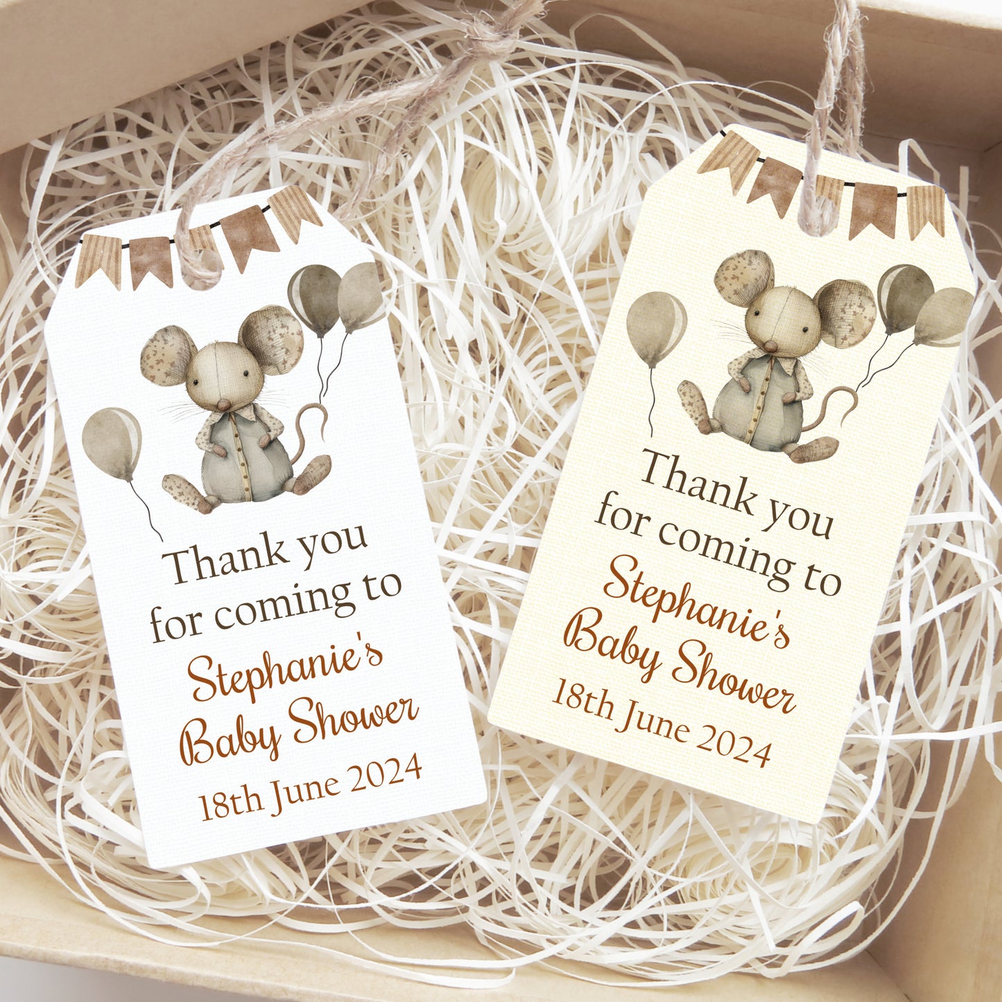 PERSONALISED PK10 MOUSE BABY SHOWER TAGS WITH TWINE T007
