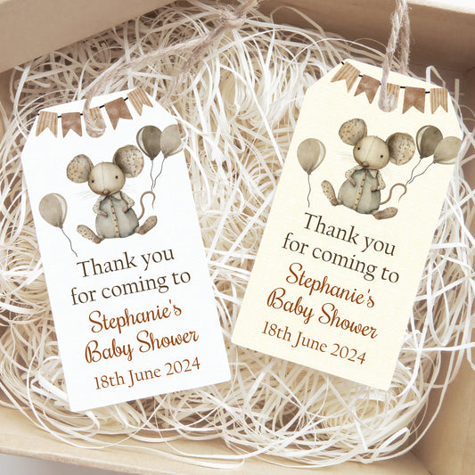 PERSONALISED PK10 MOUSE BABY SHOWER TAGS WITH TWINE T007