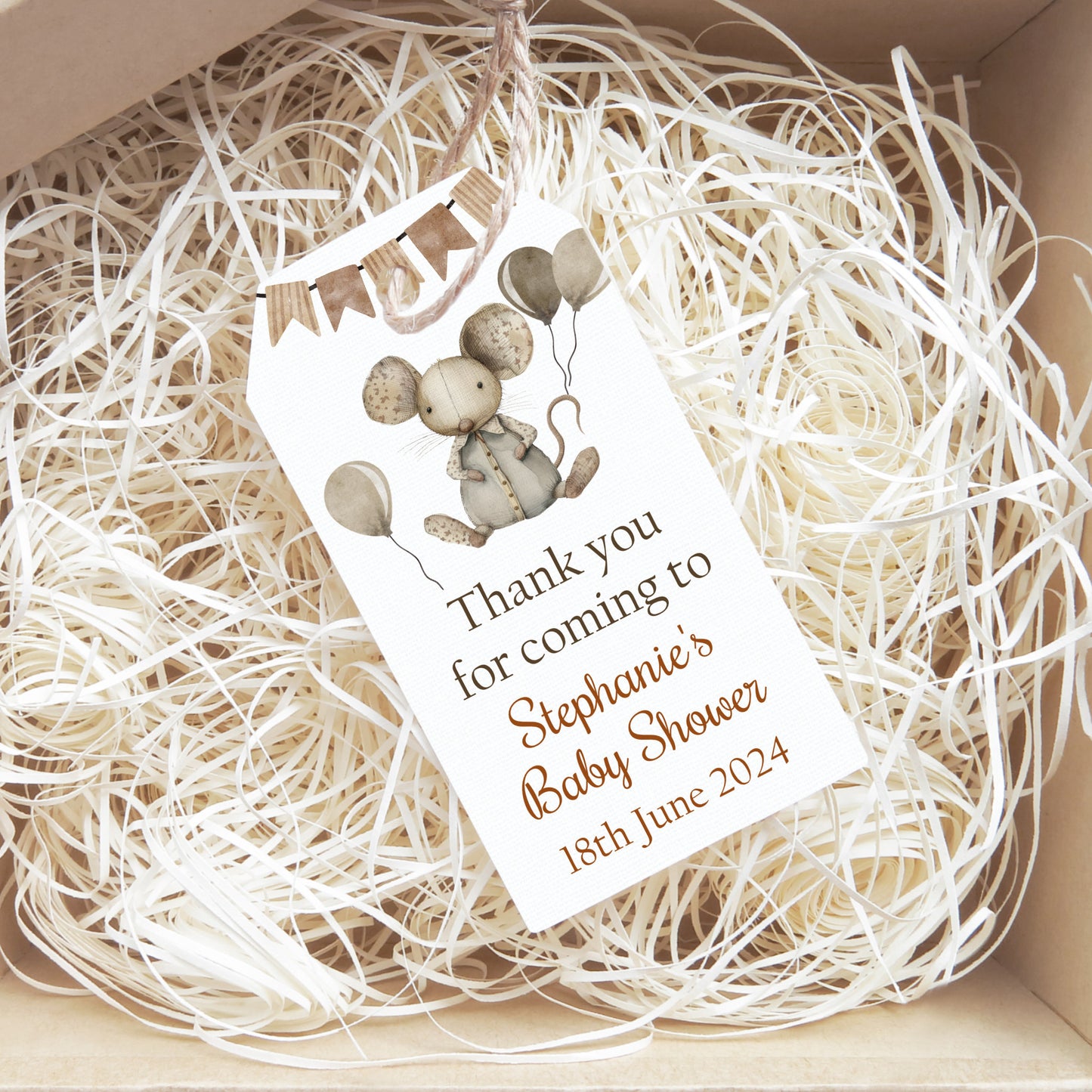 PERSONALISED PK10 MOUSE BABY SHOWER TAGS WITH TWINE T007