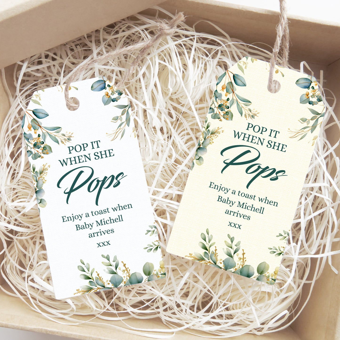 PERSONALISED EUCALYPTUS "POP IT" BABY SHOWER TAGS T006