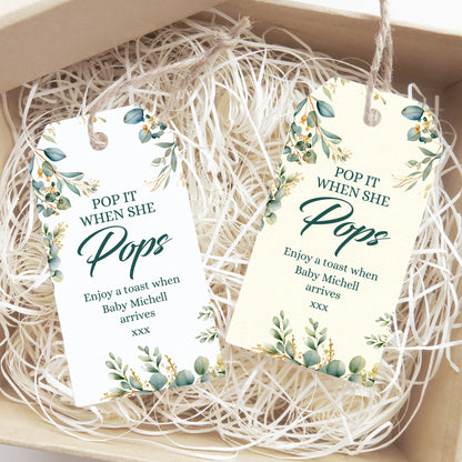 PERSONALISED EUCALYPTUS "POP IT" BABY SHOWER TAGS T006