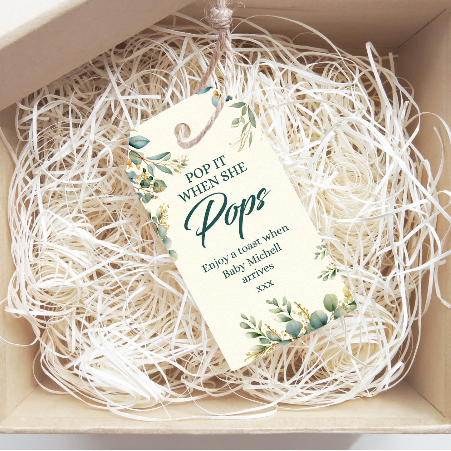 PERSONALISED EUCALYPTUS "POP IT" BABY SHOWER TAGS T006
