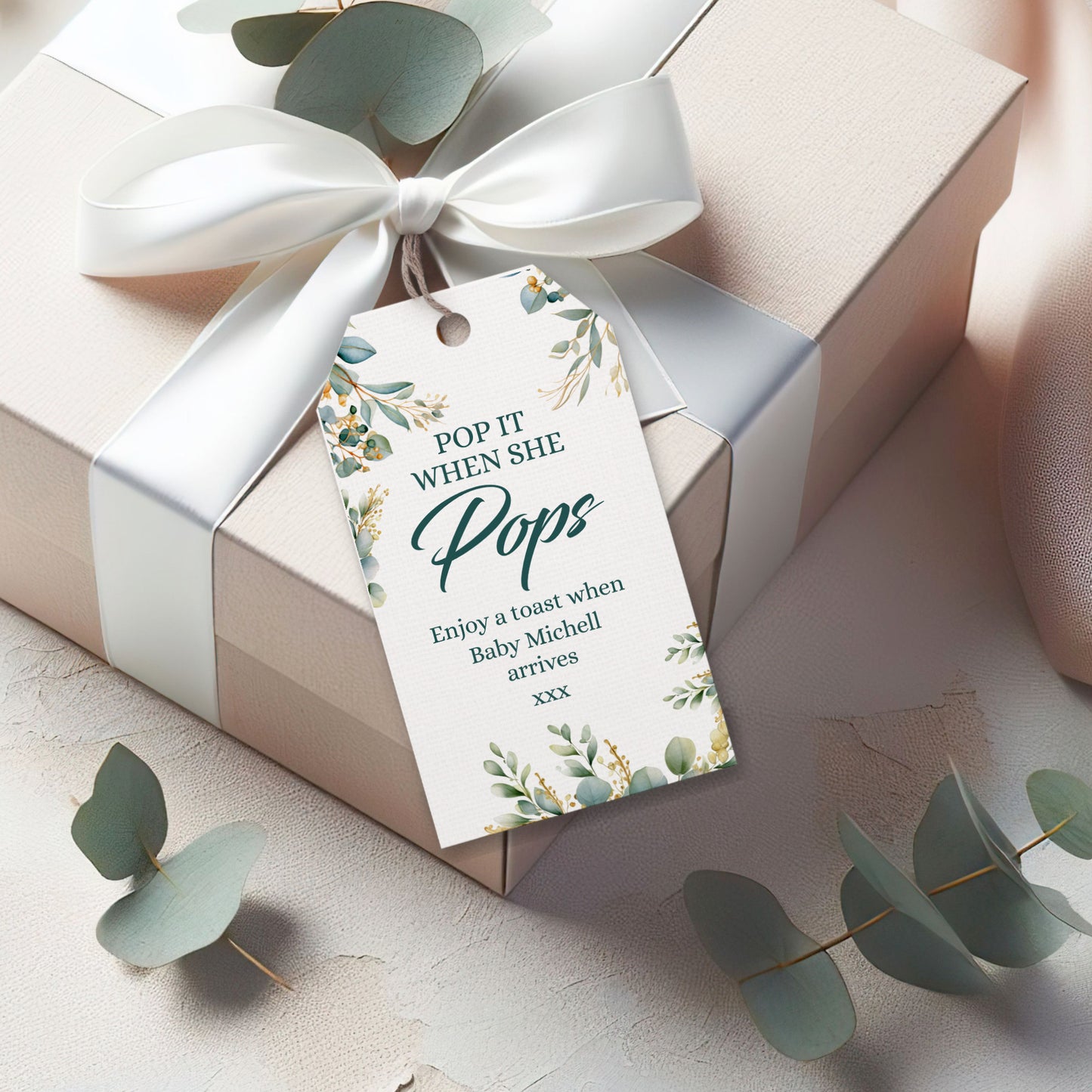 PERSONALISED EUCALYPTUS "POP IT" BABY SHOWER TAGS T006
