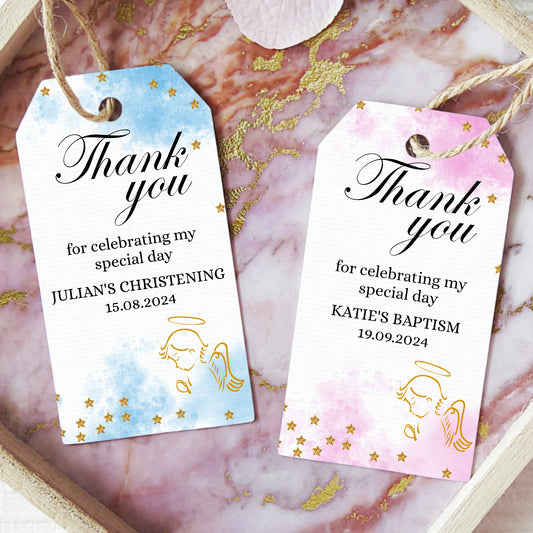 PERSONALISED PK10 ANGEL CHRISTENING TAGS T009