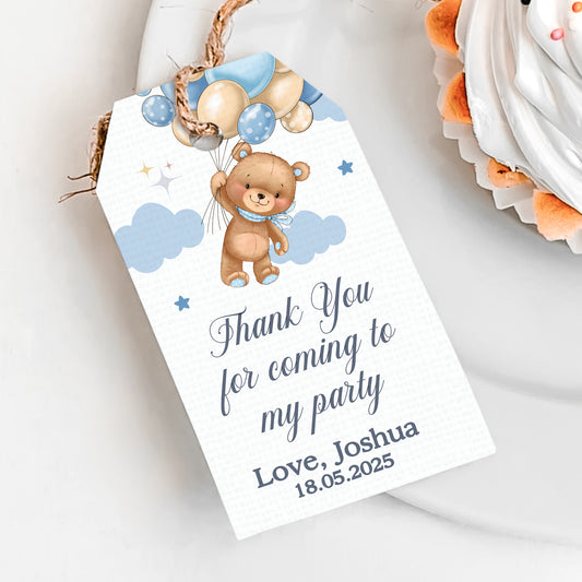 PERSONALISED PK10 TEDDY BEAR BLUE BALLOONS BIRTHDAY TAGS T024