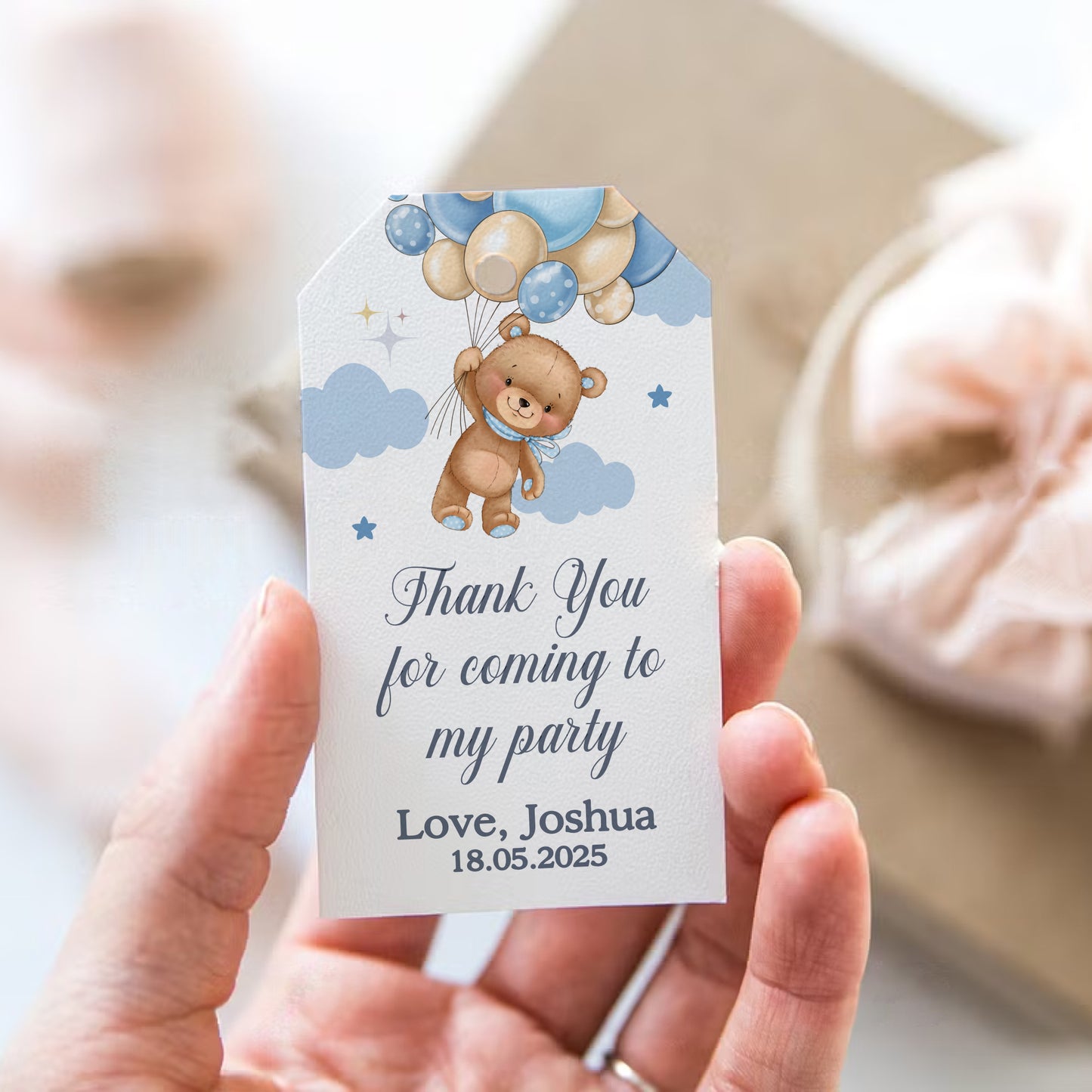 PERSONALISED PK10 TEDDY BEAR BLUE BALLOONS BIRTHDAY TAGS T024